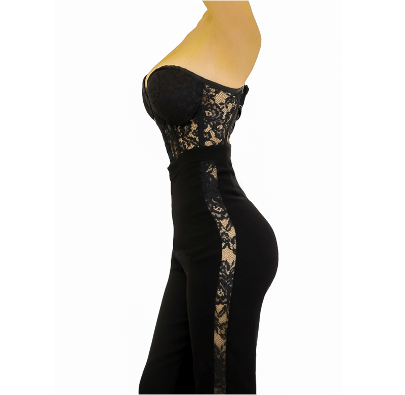 Handmade Black Blazer , Black Dentelle Corset and Black Pants with Lace Slits