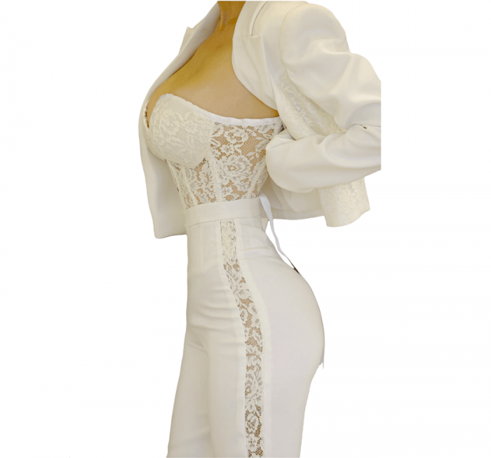 Handmade White Blazer , White Dentelle Corset and White Pants with Lace Slits