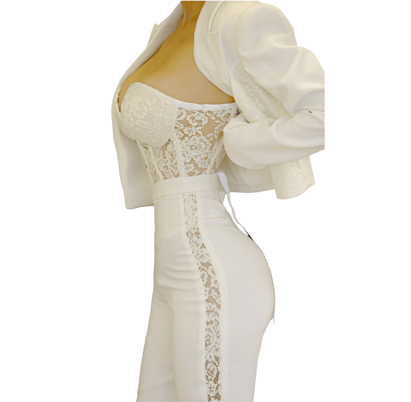 Handmade White Blazer , White Dentelle Corset and White Pants with Lace Slits