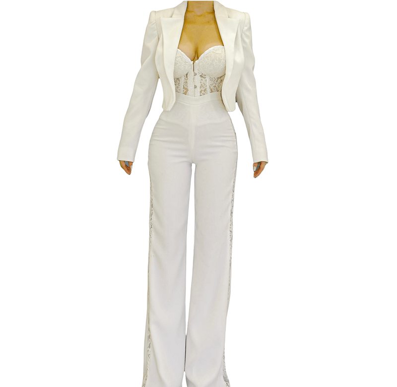 Handmade White Blazer , White Dentelle Corset and White Pants with Lace Slits Handmade White Blazer , White Dentelle Corset and White Pants with Lace Slits