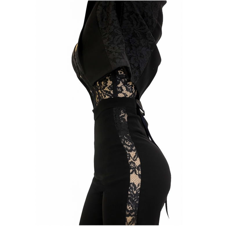 Handmade Black Blazer , Black Dentelle Corset and Black Pants with Lace Slits