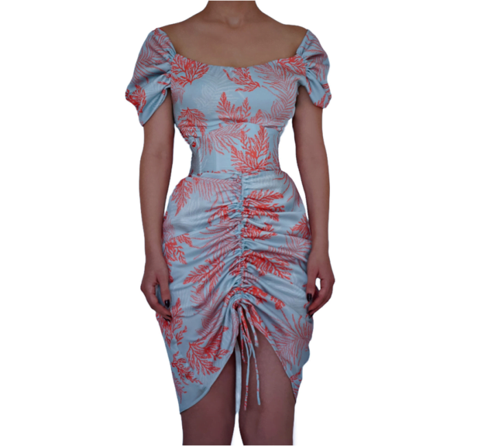 Handmade Sky Blue Printed Dress With Matching Corset