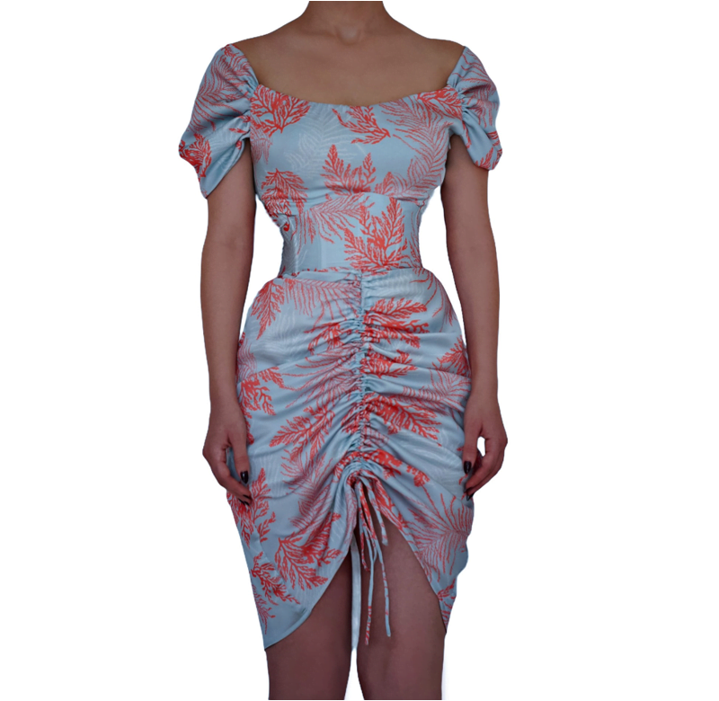 Handmade Sky Blue Printed Dress With Matching Corset