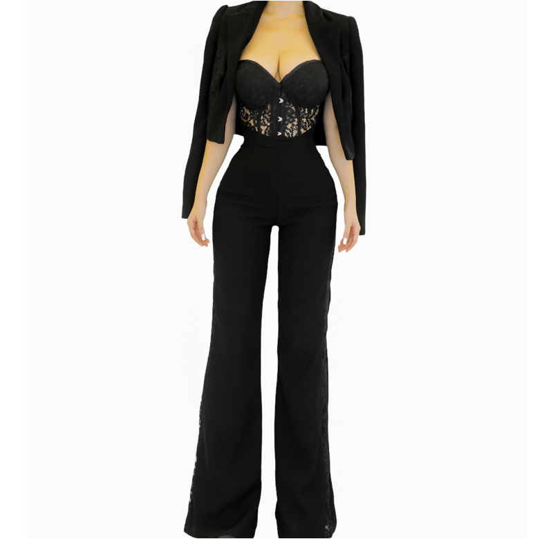 Handmade Black Blazer , Black Dentelle Corset and Black Pants with Lace Slits Handmade Black Blazer , Black Dentelle Corset and Black Pants with Lace Slits