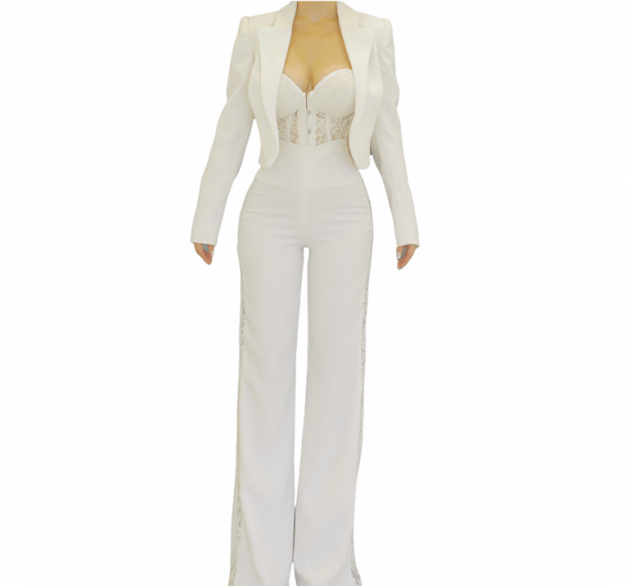 Handmade White Blazer , White Dentelle Corset and White Pants with Lace Slits