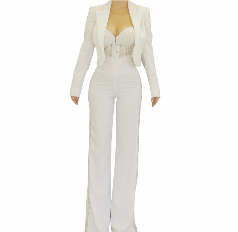 Handmade White Blazer , White Dentelle Corset and White Pants with Lace Slits