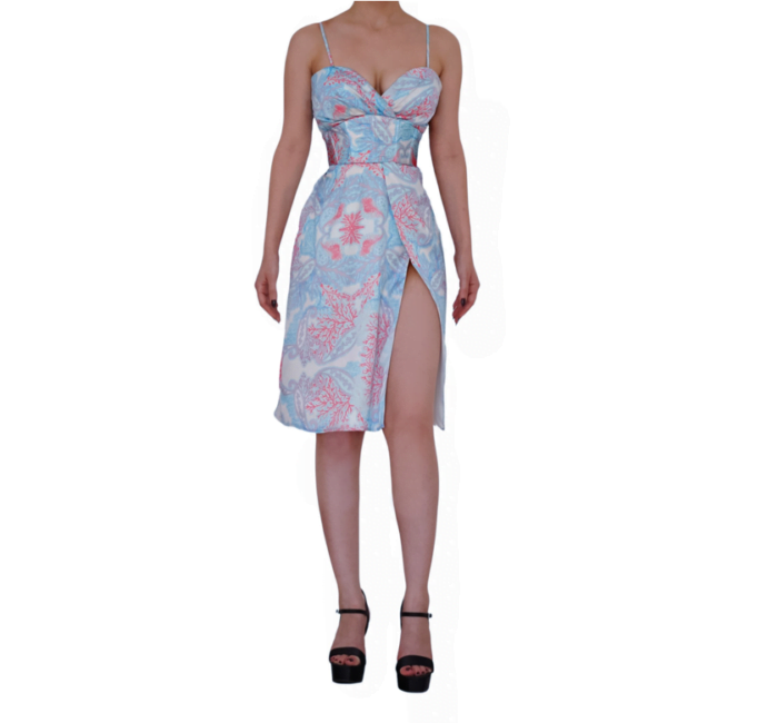Handmade Sky Blue Printed Dress With Matching Corset