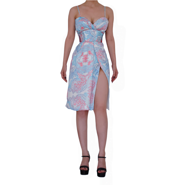 Handmade Sky Blue Printed Dress With Matching Corset