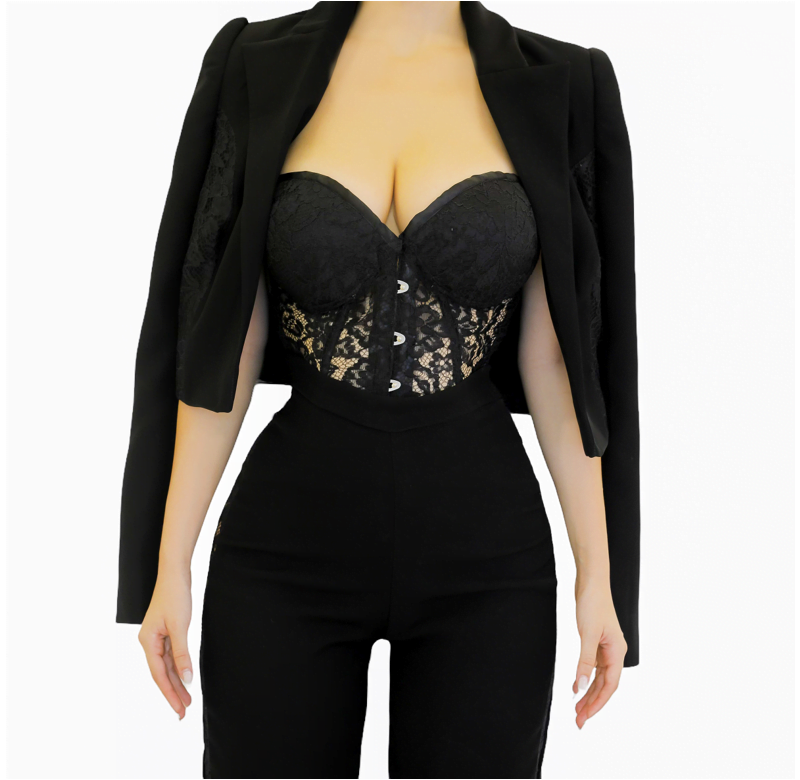Handmade Black Blazer , Black Dentelle Corset and Black Pants with Lace Slits