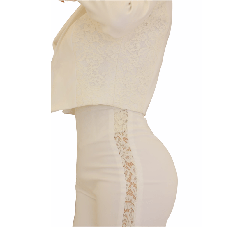 Handmade White Blazer , White Dentelle Corset and White Pants with Lace Slits Handmade White Blazer , White Dentelle Corset and White Pants with Lace Slits